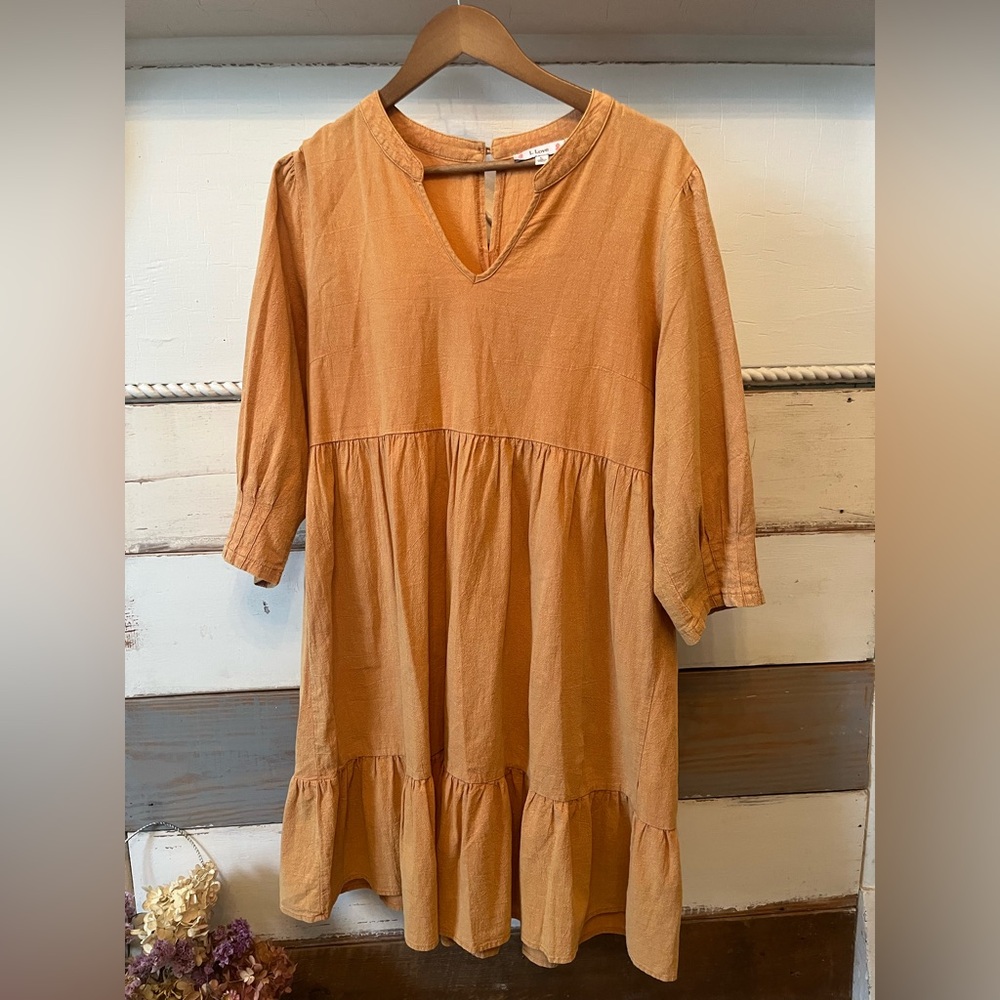 L Love mustard ruffled tiered dress size L NWOT